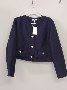 NWT Free Assembly XL Navy Blue Textured Cropped Snap Button Collarless Jacket